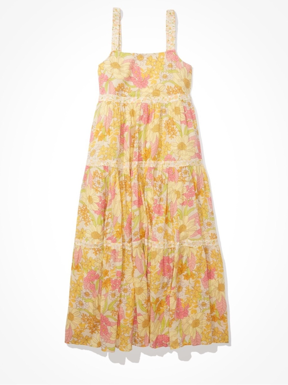 American Eagle Outfitters Floral Tiered Midi Dress - Yellow & Pink
